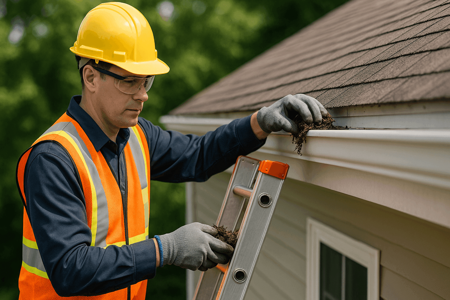 Technician safely cleaning gutters using gloves and ladder in a residential setting