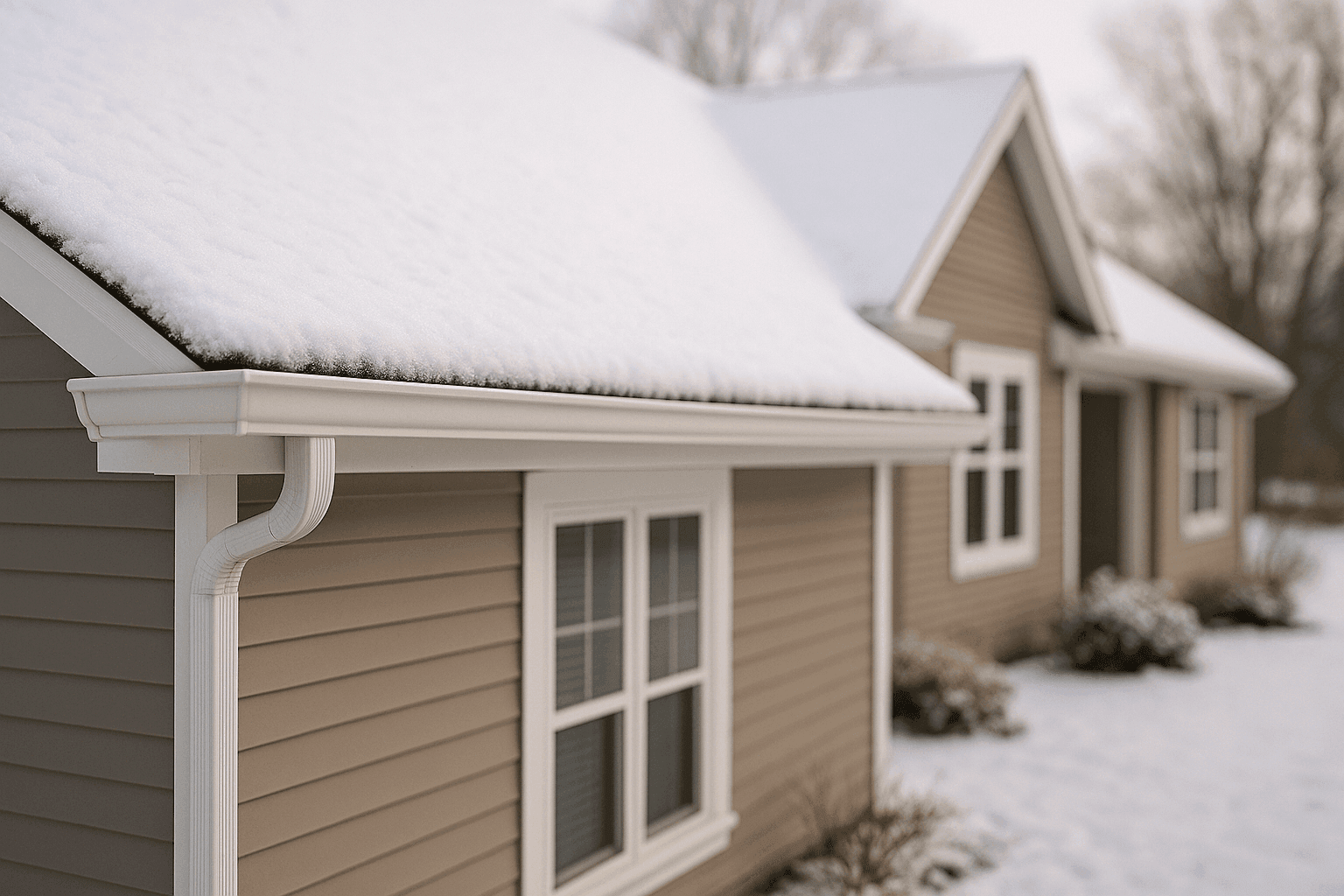 Residential home with gutters protected from ice and snow by proper insulation and clear gutters