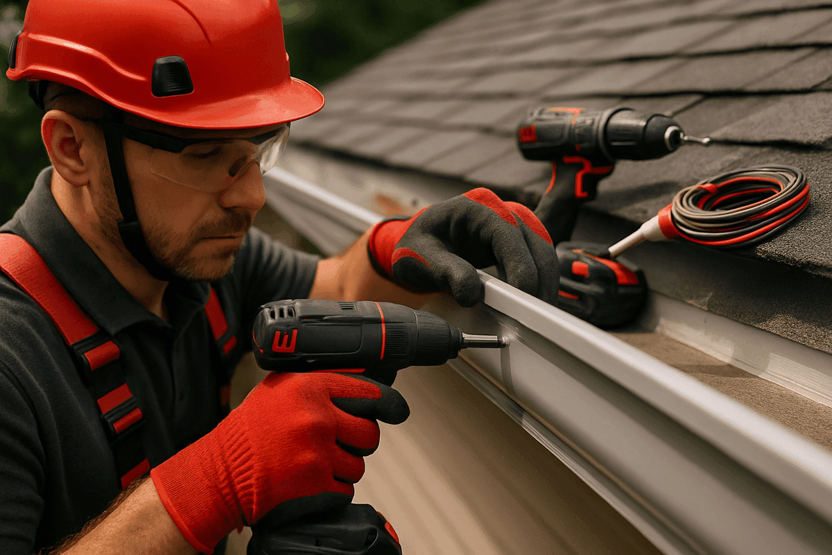 Gloved hands securing alunum gutter on roof edge with safety gear and tools